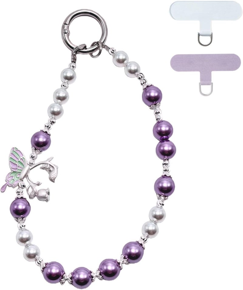 KEESOO Store Korean-Style Pearl Butterfly Phone Charm - Luxe Hands-Free Elegance, Universally Compatible with iPhone & Android, Radiating Timeless Charm, Purple - Image 1